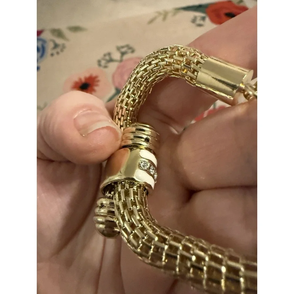 Gold Tone Mesh Knot Bracelet White Enamel Rhinestone Accents Adjustable Signed